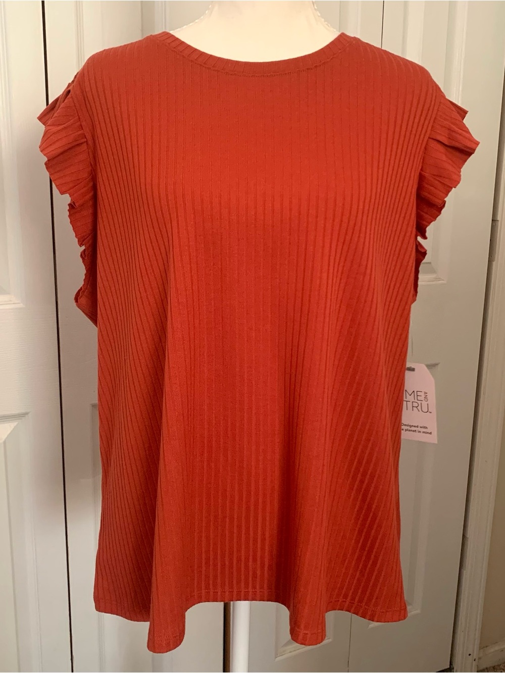 Fall Blouse Time and Tru Dark Orange Autumn Ruffle Sleeve Ribbed Top 20 2XL New!